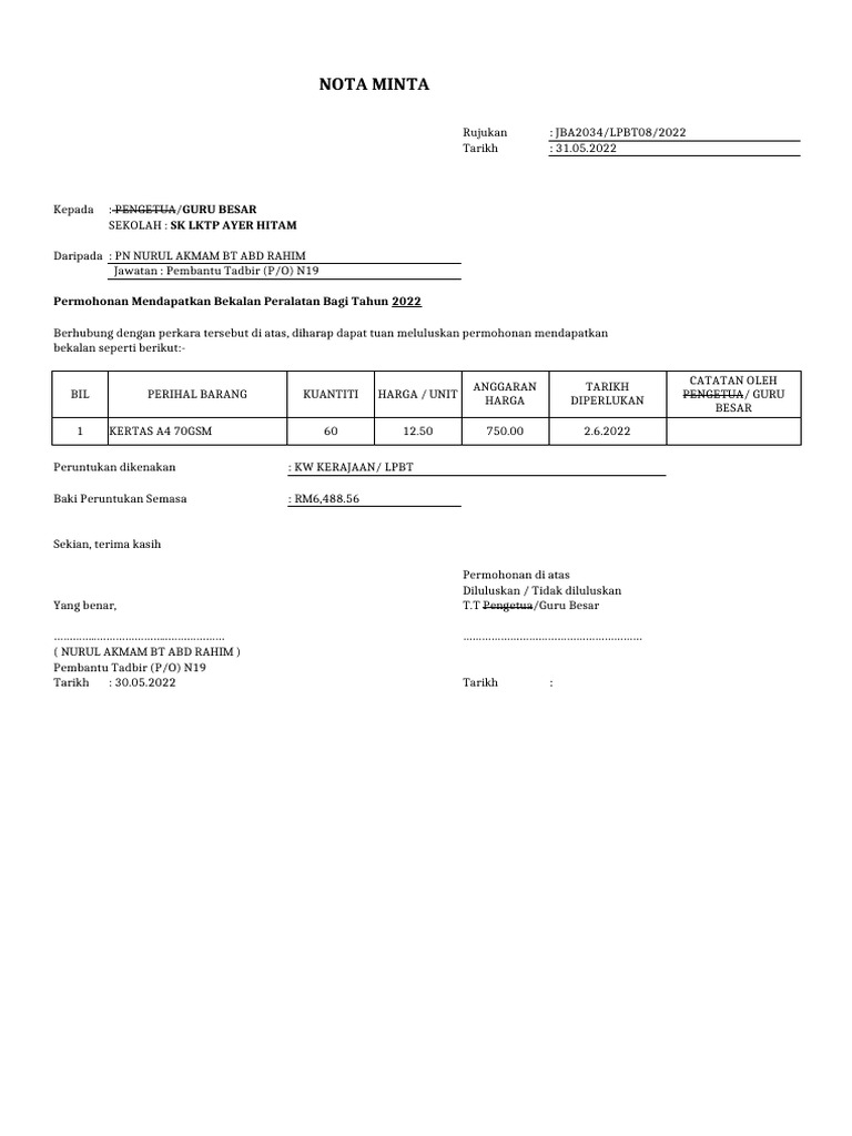 Nota Minta RBT 2023 Draf | PDF