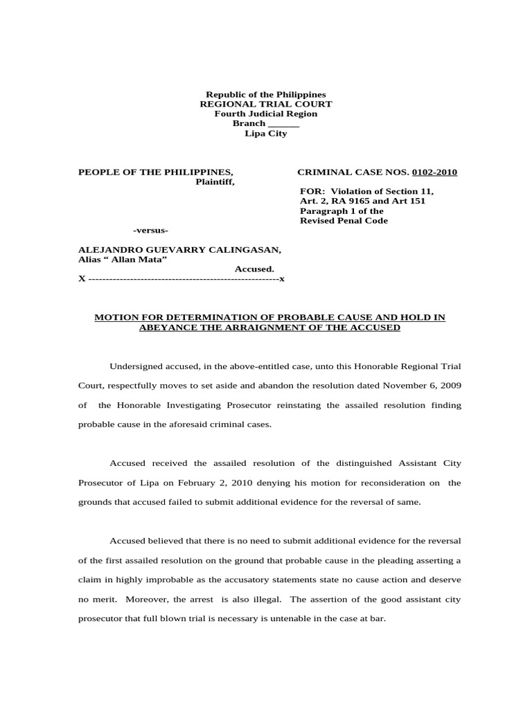 Motion to Dismiss Drug Charges in Lipa | PDF | Arrest | Probable Cause