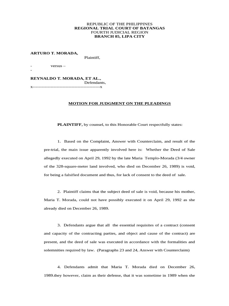 Motion for Judgment on Pleadings: Falsified Deed | PDF | Estoppel ...