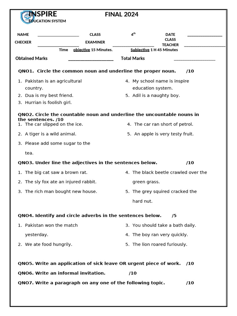 Class 4 English Exam Paper 2024 | PDF