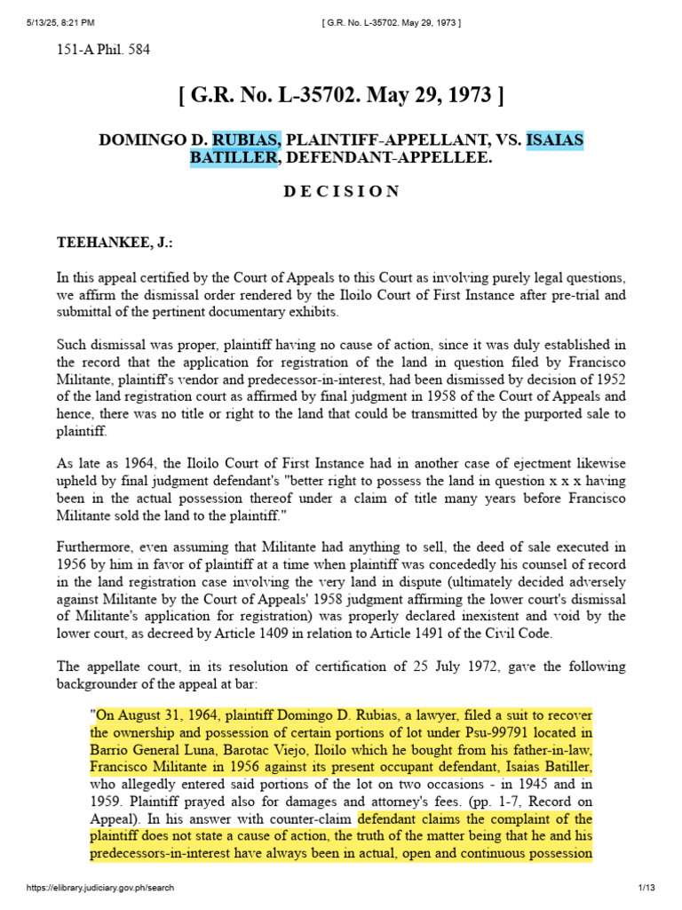 Land Title Dispute: Rubias vs. Batiller | PDF | Lawsuit | Annulment