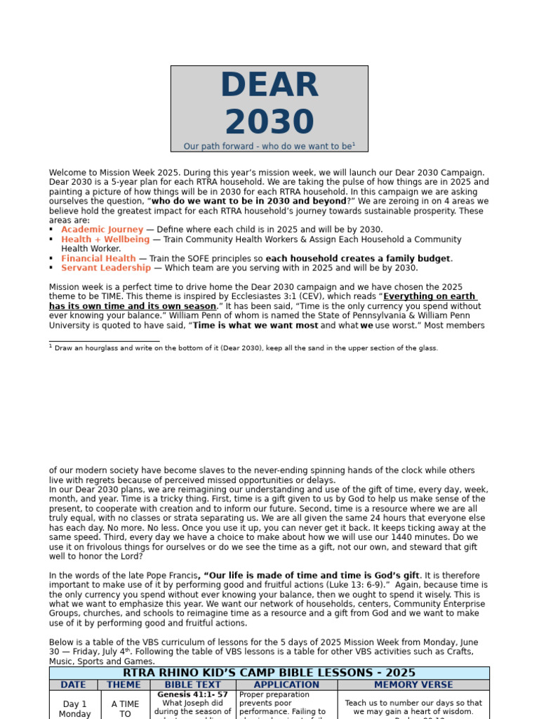 Dear 2030: RTRA Mission Week Plan | PDF | Gospel Of Matthew