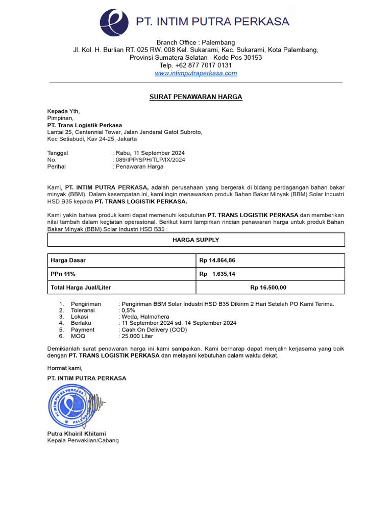 Contoh 089 - Pt. Intim Putra Perkasa - Pt. Trans Logistik Perkasa - 089 ...