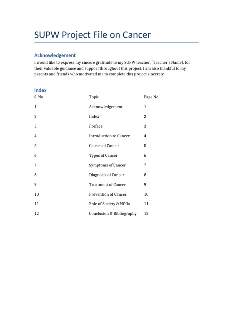 SUPW Project on Cancer Awareness | PDF | Cancer | Diseases And Disorders