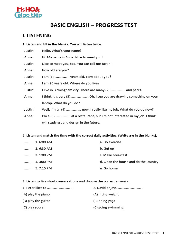 Basic English Progress Test Guide | PDF
