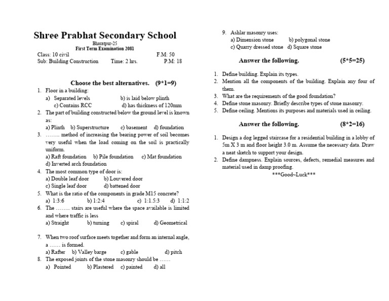 Class 10 Building Construction Exam | PDF | Foundation (Engineering ...