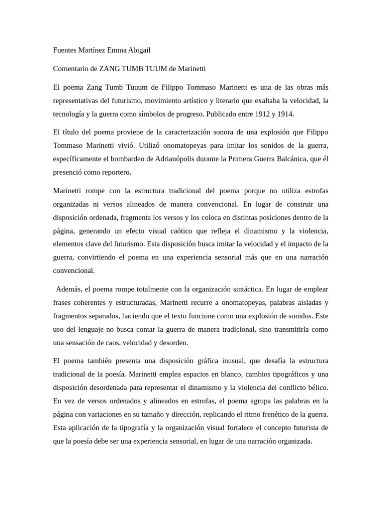Análisis de Zang Tumb Tuuum de Marinetti | PDF | Las artes