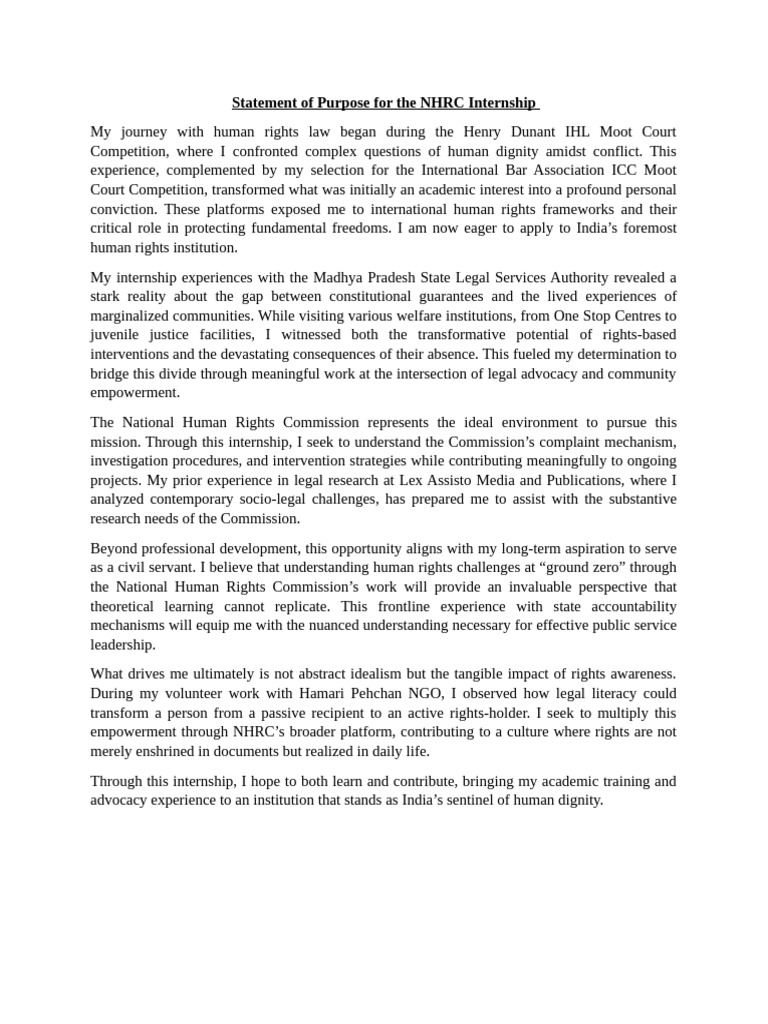 NHRC Internship Statement of Purpose | PDF | Human Rights | Empowerment