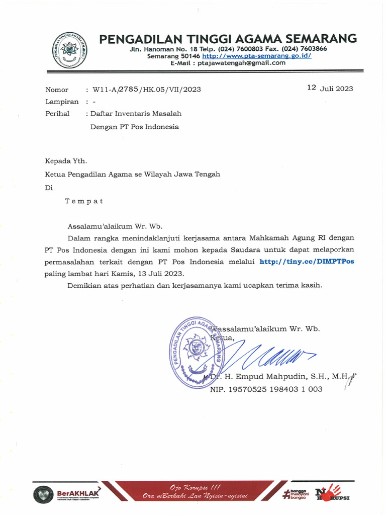 2785 Surat Ke Satker - DIM PT Pos | PDF