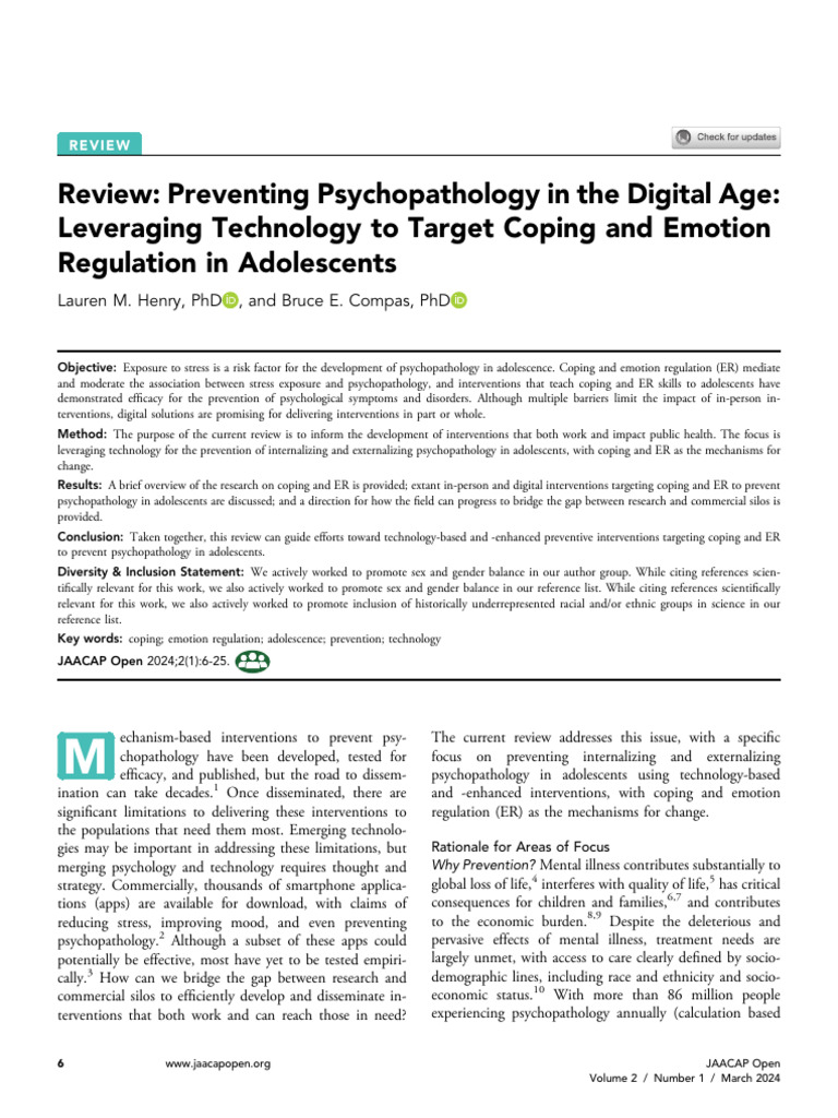 Technology for Adolescent Psychopathology Prevention | PDF | Mental ...