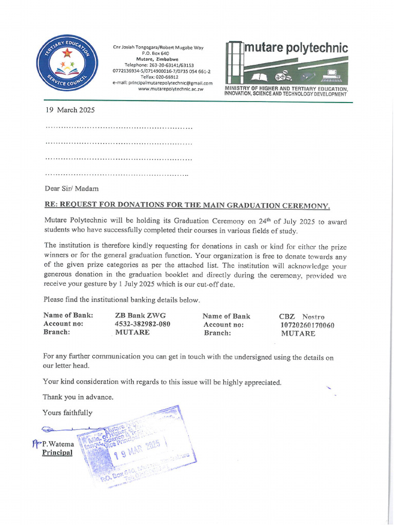 Mutare Poly Donation Letter | PDF