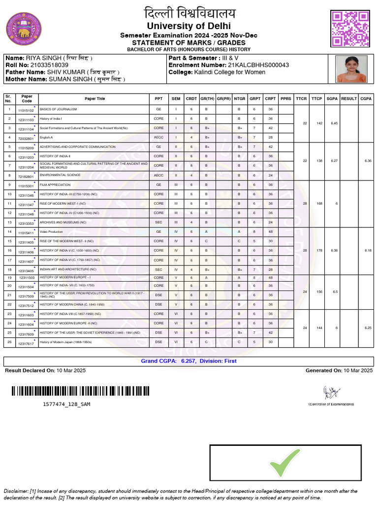 Delhi University BA History Marks Statement | PDF | Academia | Higher ...