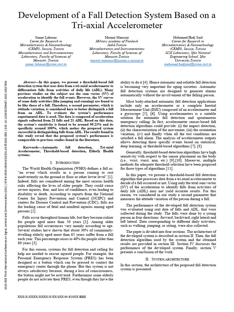 Tri-Axial Accelerometer Fall Detection System | PDF | Accelerometer ...