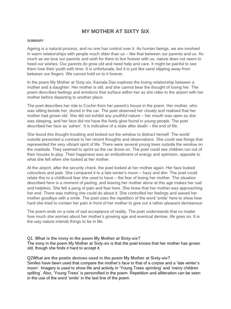 My Mother at Sixty Six - Xii - Notes | PDF | Poetry