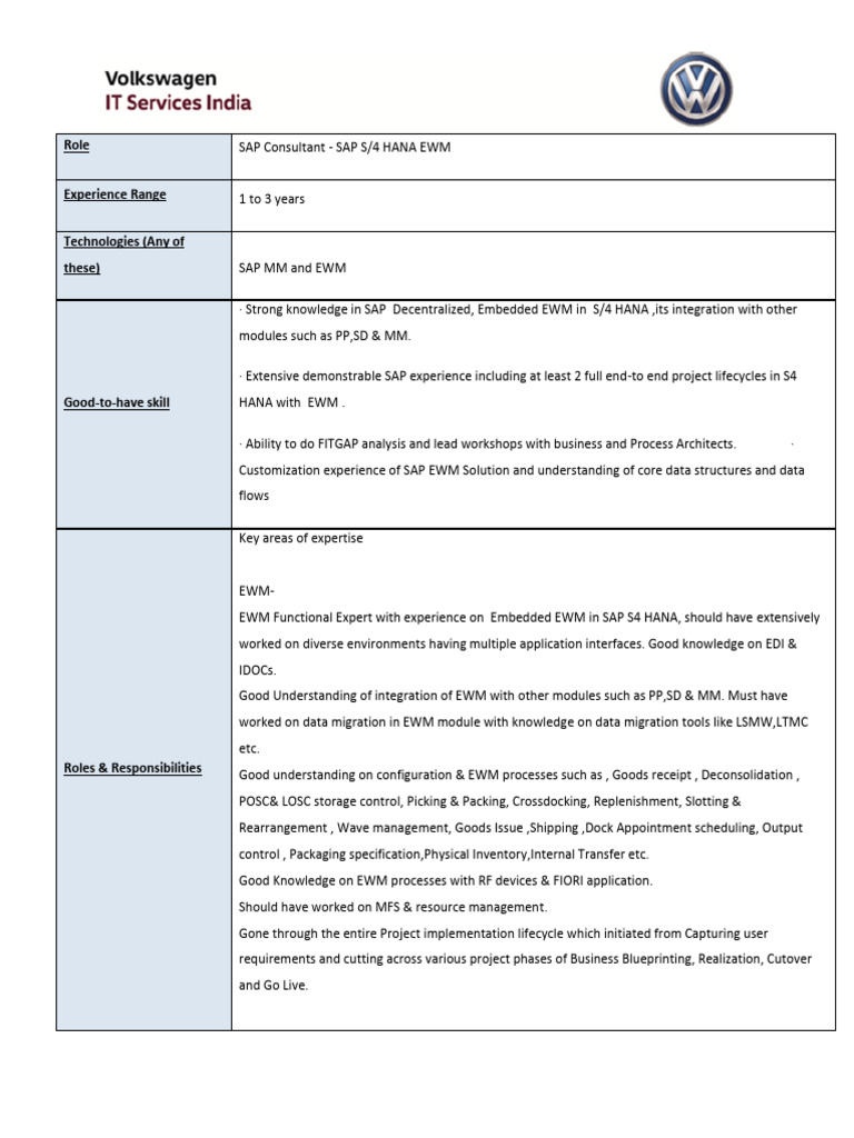 SAP S/4 HANA EWM Consultant Role | PDF | Computer Engineering ...