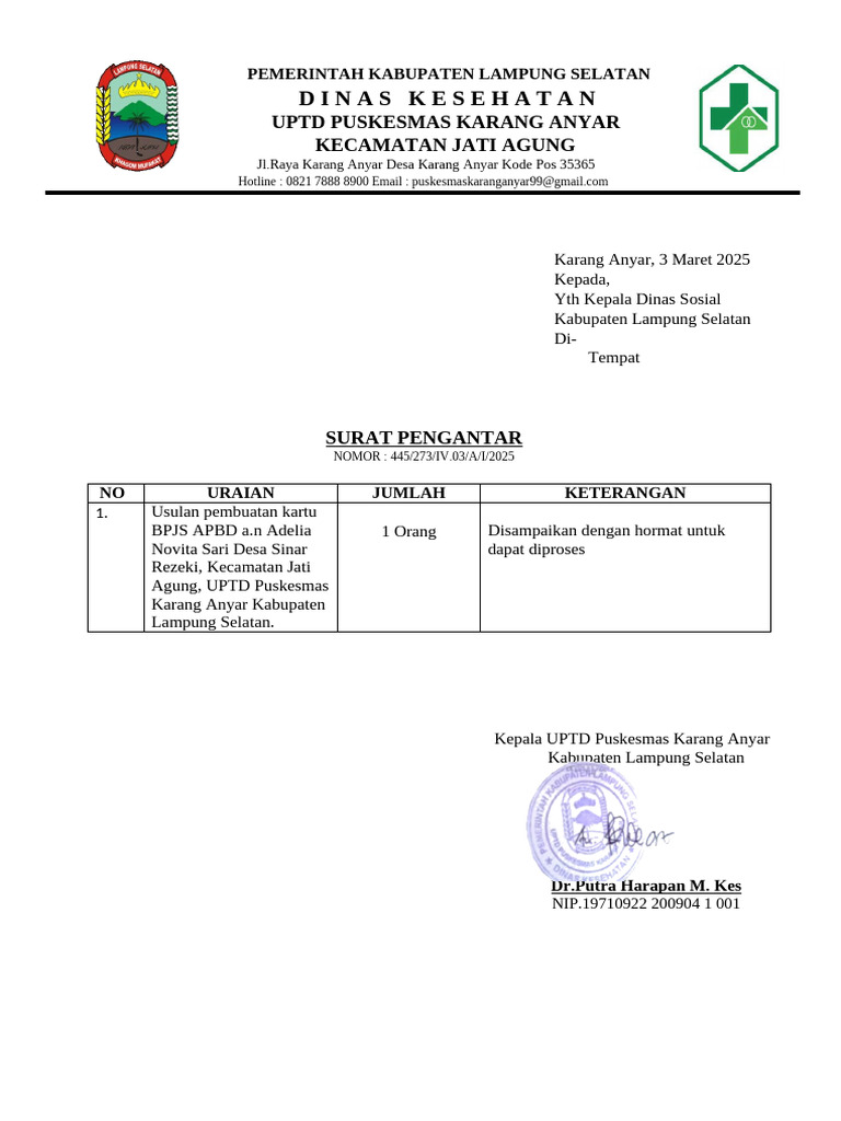 Surat Rekom Puskesmas (Adelia) | PDF