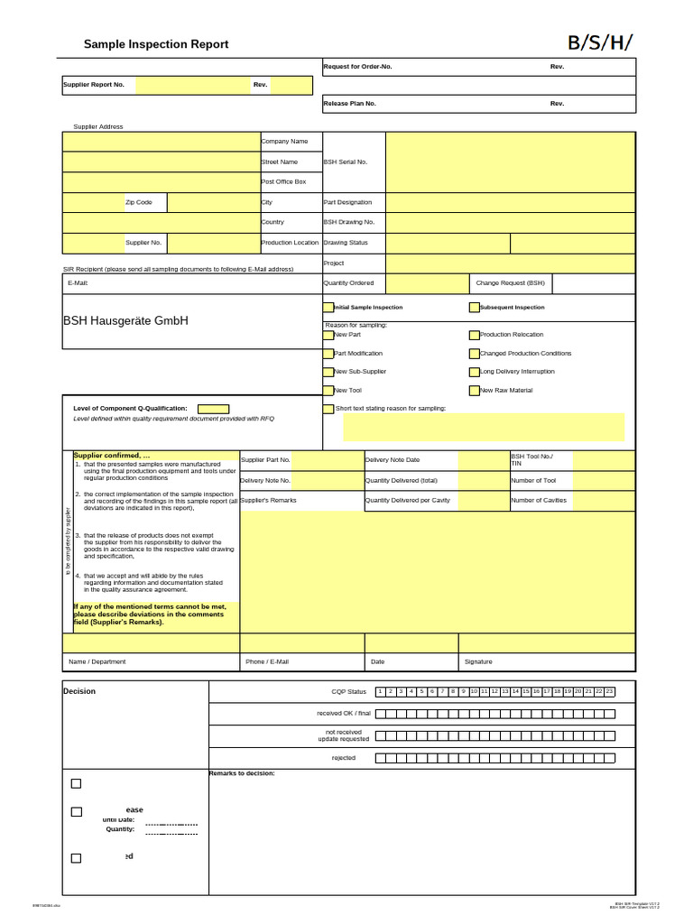 BSH SIR Template and Inspection Report | PDF