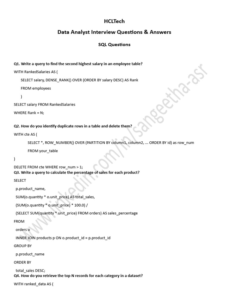 HCLTech Data Analyst Interview Guide | PDF | Computing | Sql