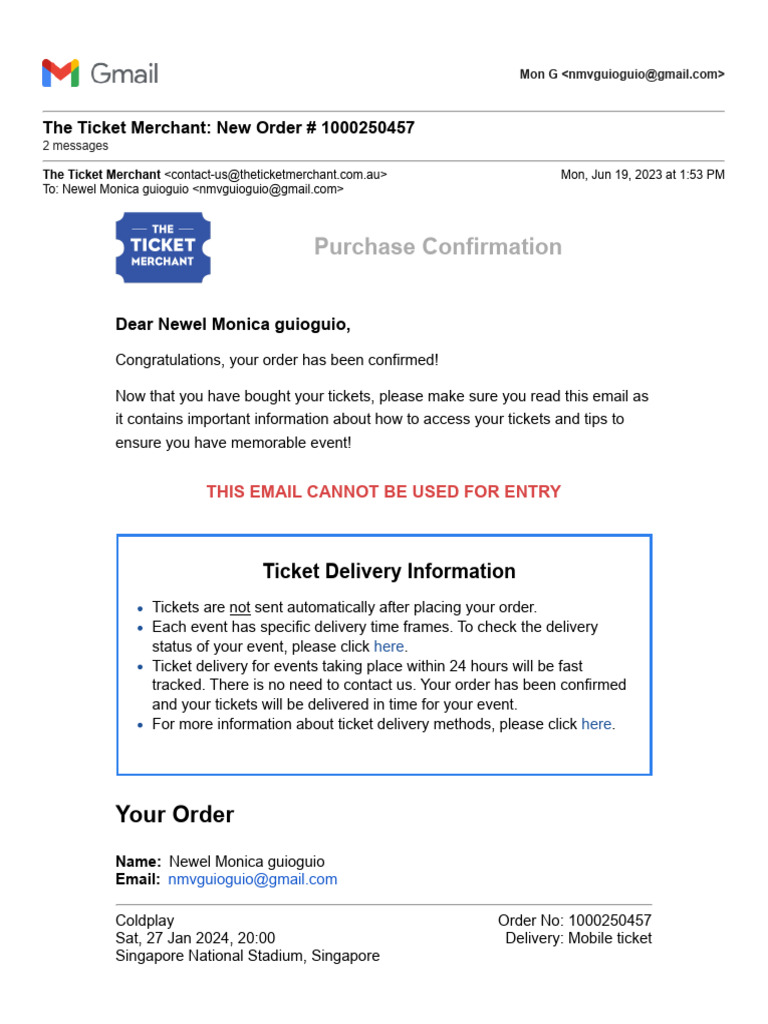 Coldplay Ticket Order Confirmation | PDF | Internet | Computer Mediated ...