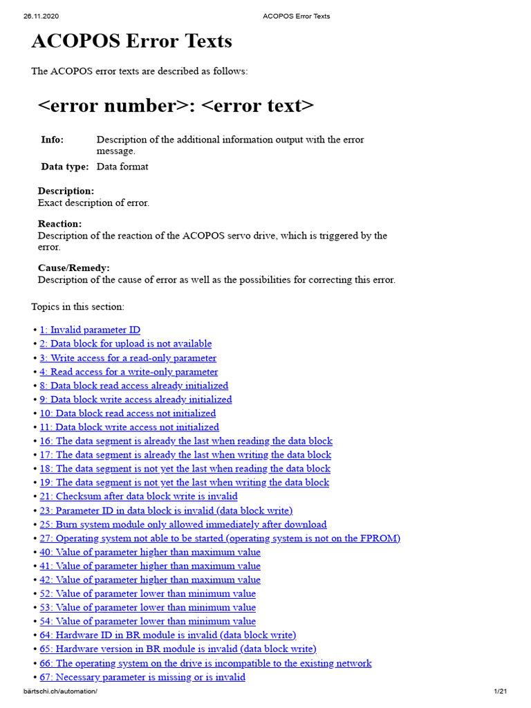 ACOPOS Error Codes and Solutions | PDF | Parameter (Computer ...