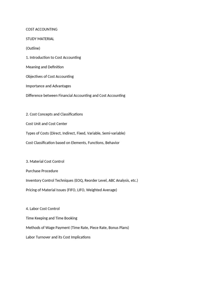 Cost Accounting Study Material Overview | PDF | Cost Accounting | Budget