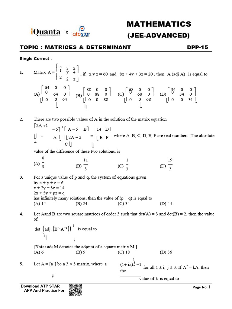 Maths +Matrices+&+Determinant | PDF | Matrix (Mathematics) | Operator ...