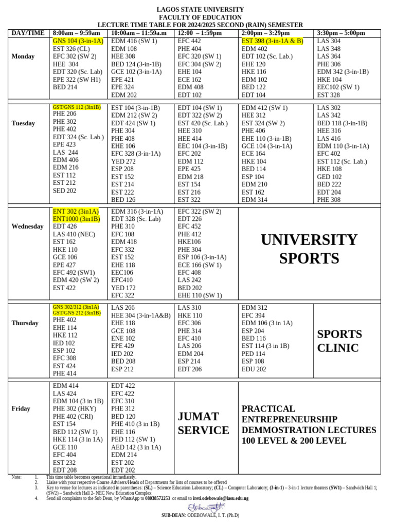 LASU 2024/2025 Education Timetable | PDF