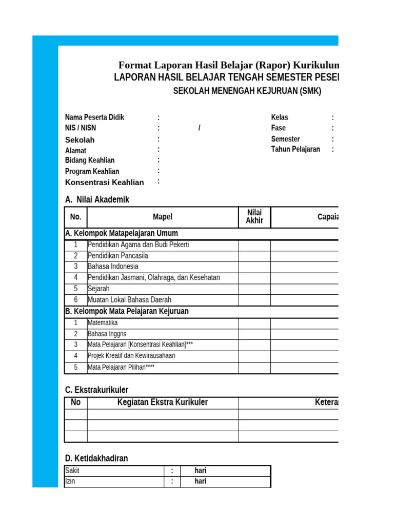 Format Rapor Kurikulum Merdeka SMK | PDF