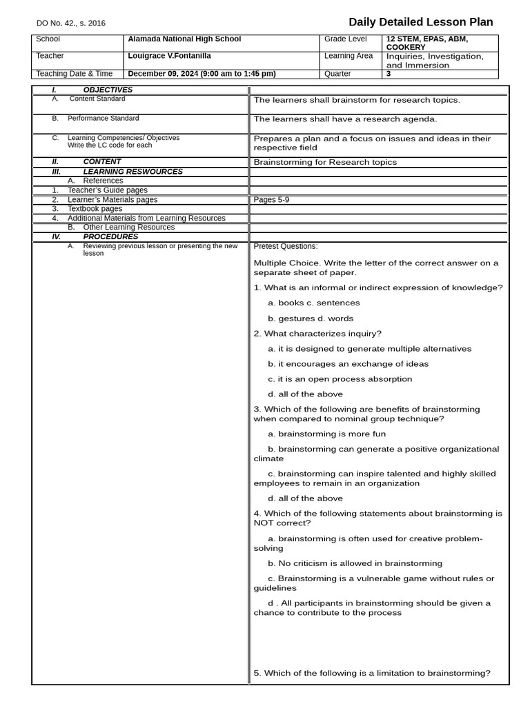 3is Daily Detailed Lesson Plan 2024 | PDF | Brainstorming | Inquiry ...