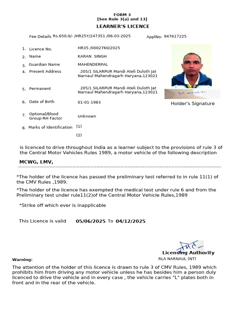 Mandi Learner's Licence Details | PDF