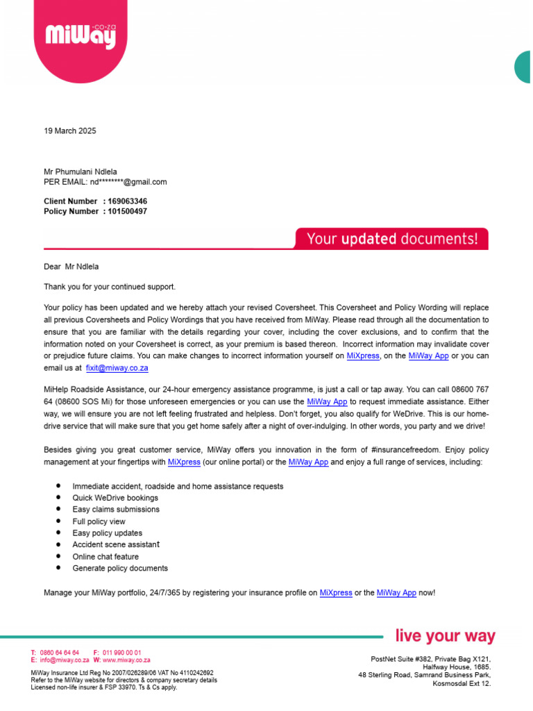 MiWay Insurance Policy Update for Ndlela | PDF | Insurance | Emergency ...