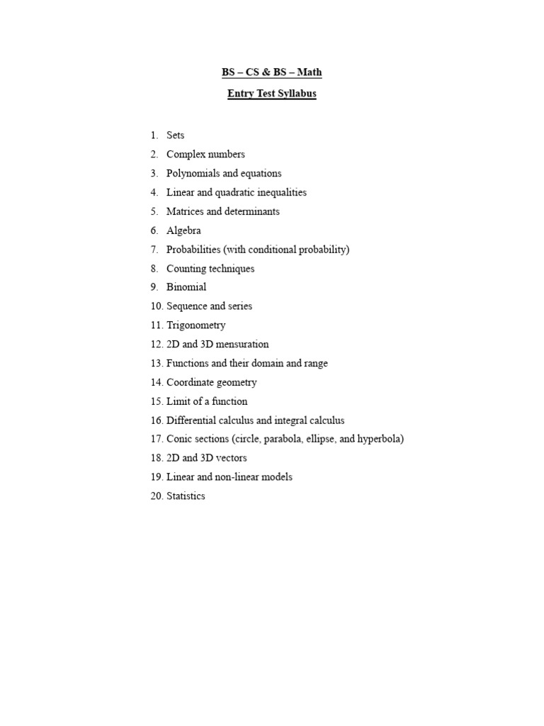 Entry Test Syllabus for BS Programs | PDF