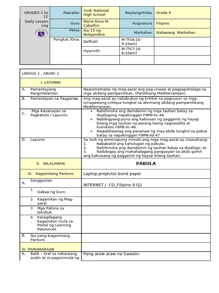 Filipino Lesson Pan - Ikalawang Markahan | PDF