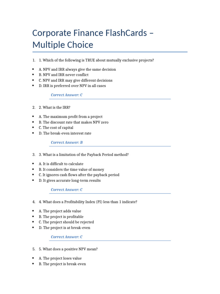 Corporate Finance Quiz Flashcards | PDF | Net Present Value | Internal ...