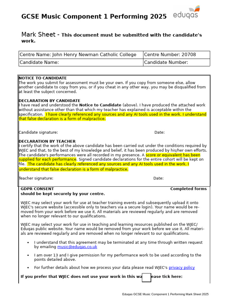 Eduqas GCSE Music 2025 Mark Sheet | PDF