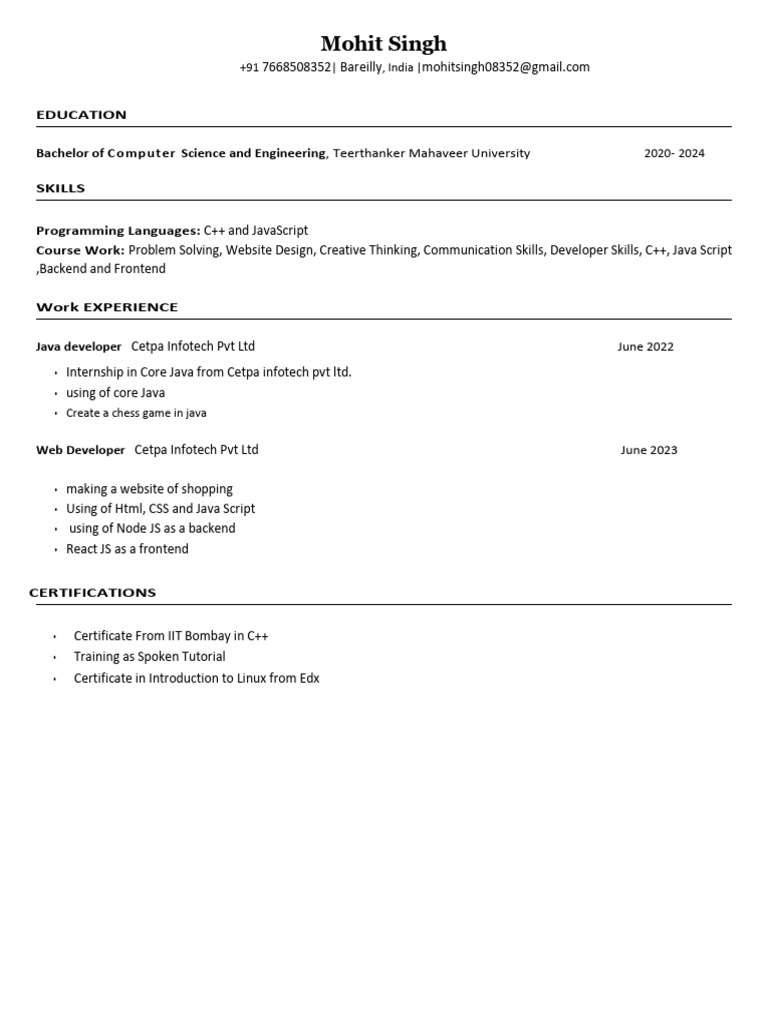 Mohit Singh: Java & Web Developer Resume | PDF
