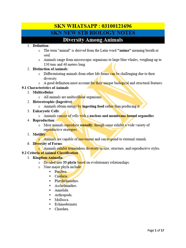 Animal Diversity and Classification Notes | PDF | Mollusca | Sponge