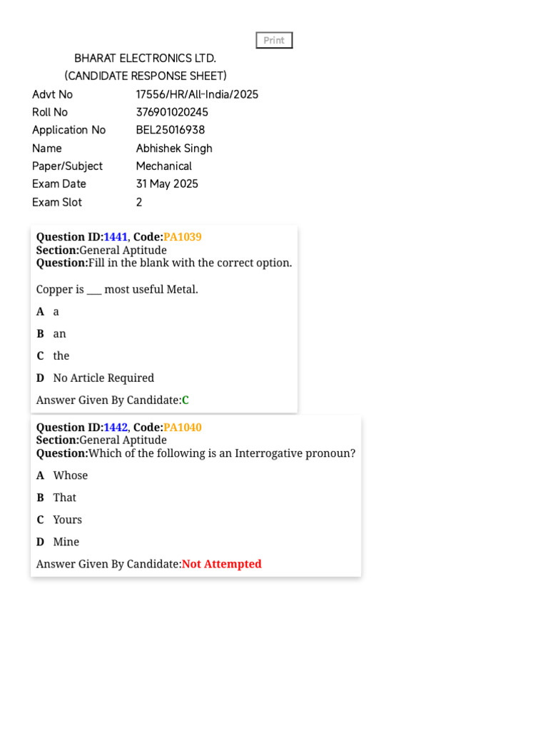 Response Sheet | PDF