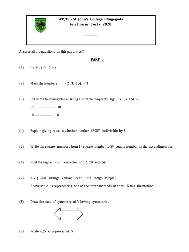Grade 7 Maths Test Questions | PDF