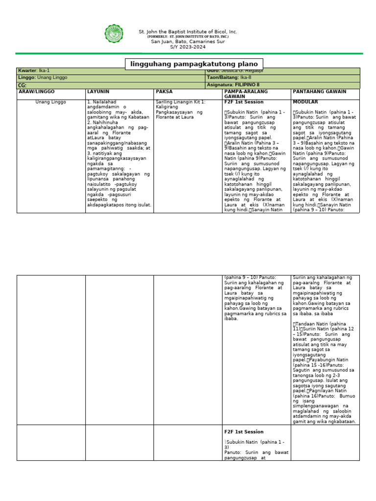 Weekly Learning Plan | PDF