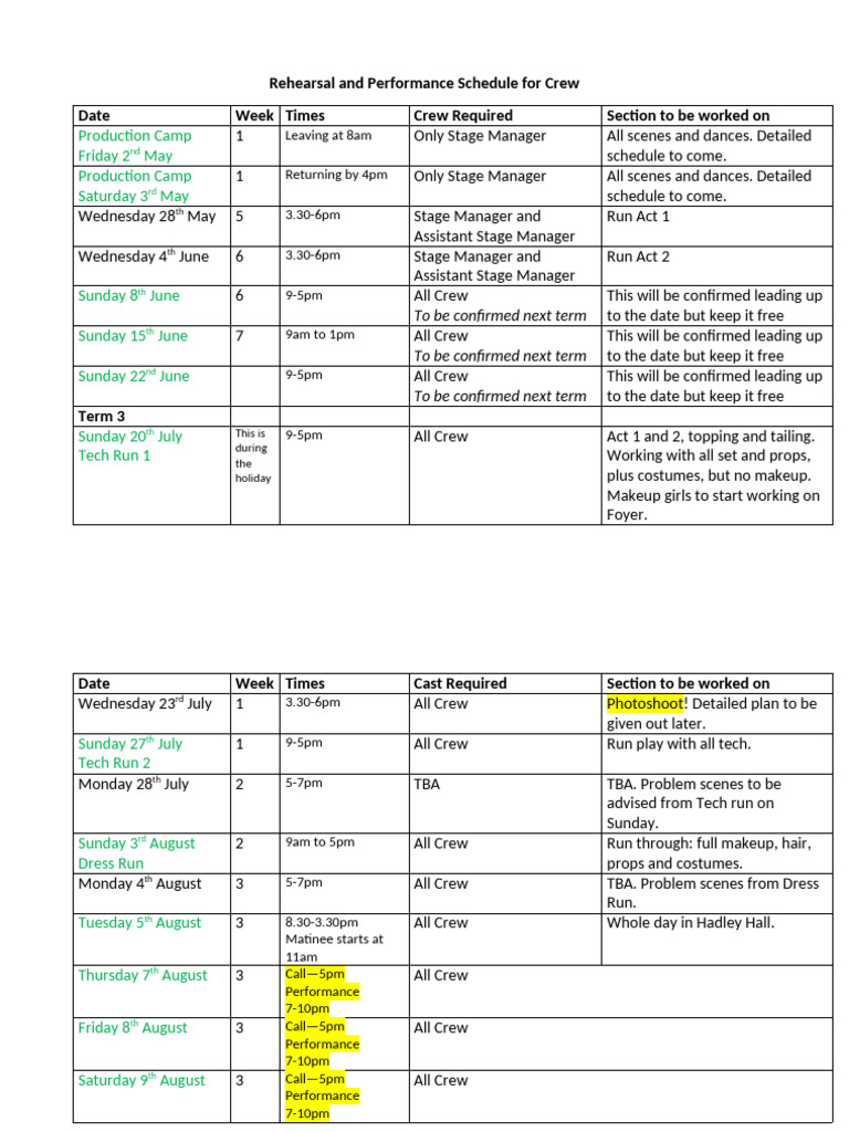 Crew Rehearsal & Performance Schedule | PDF