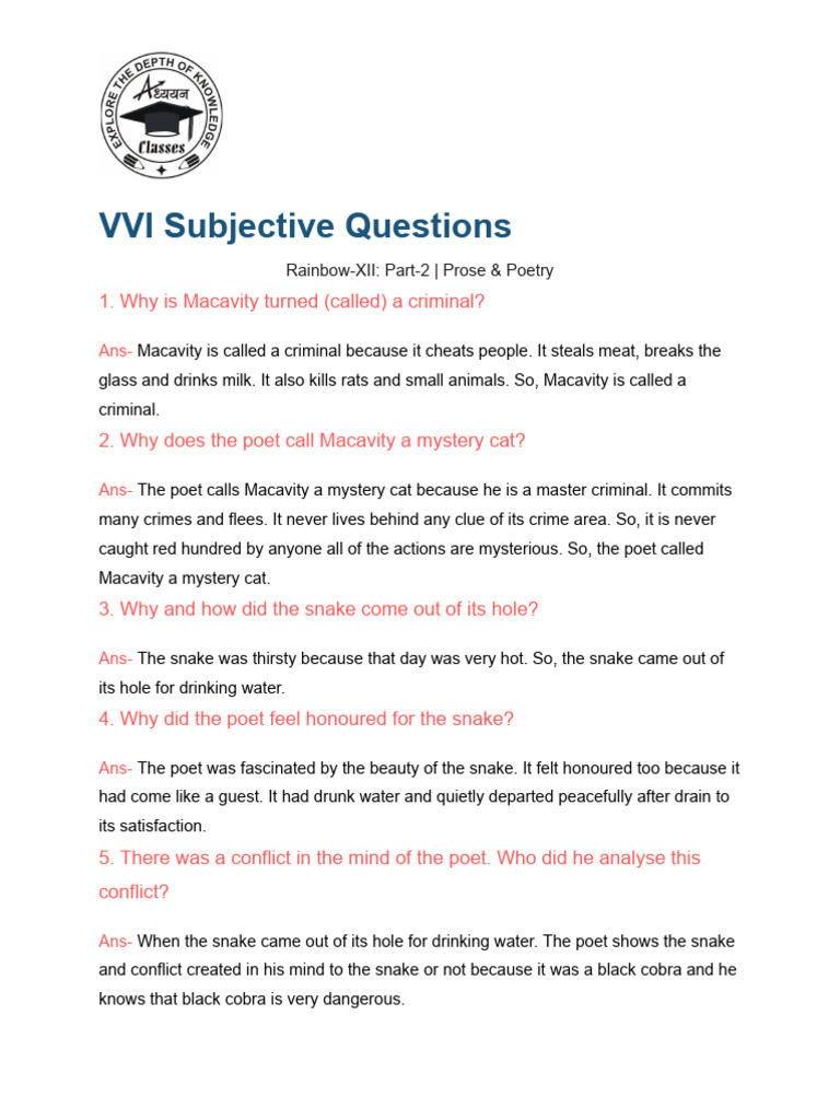 English Subjective Q&A for 12th Grade | PDF