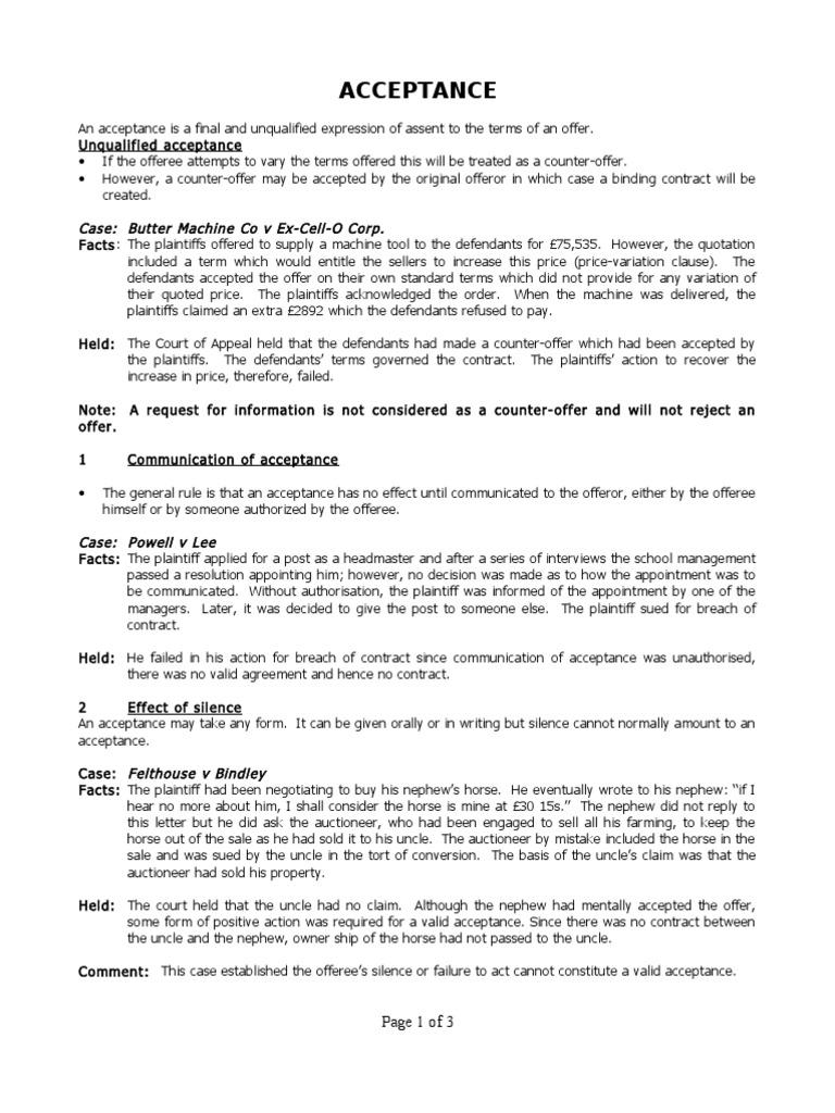 Understanding Acceptance in Contract Law | PDF | Offer And Acceptance ...