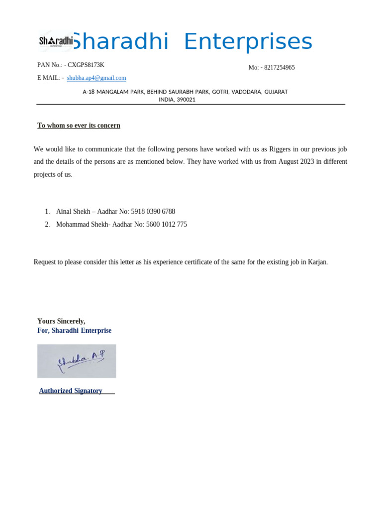 Rigger Letter | PDF