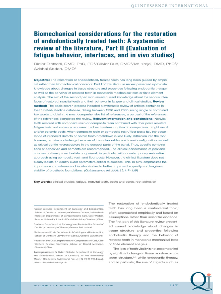 Biomechanics of Restoring Endodontically Treated Teeth | PDF | Dental ...