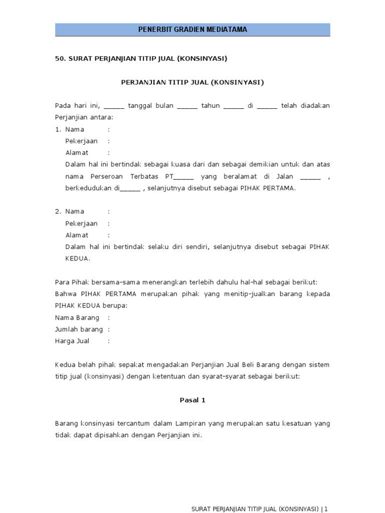 Surat Perjanjian Titip Jual Konsinyasi