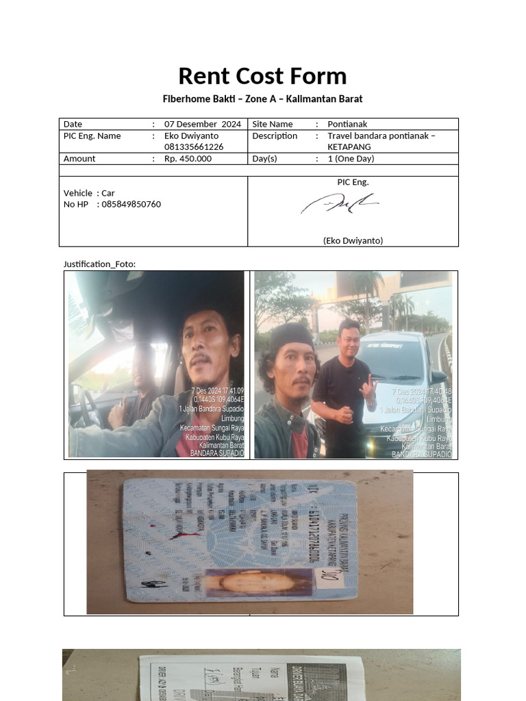 Eko Dwiyanto - Rent Cost Form - Travel Pontianak - Ketapang | PDF