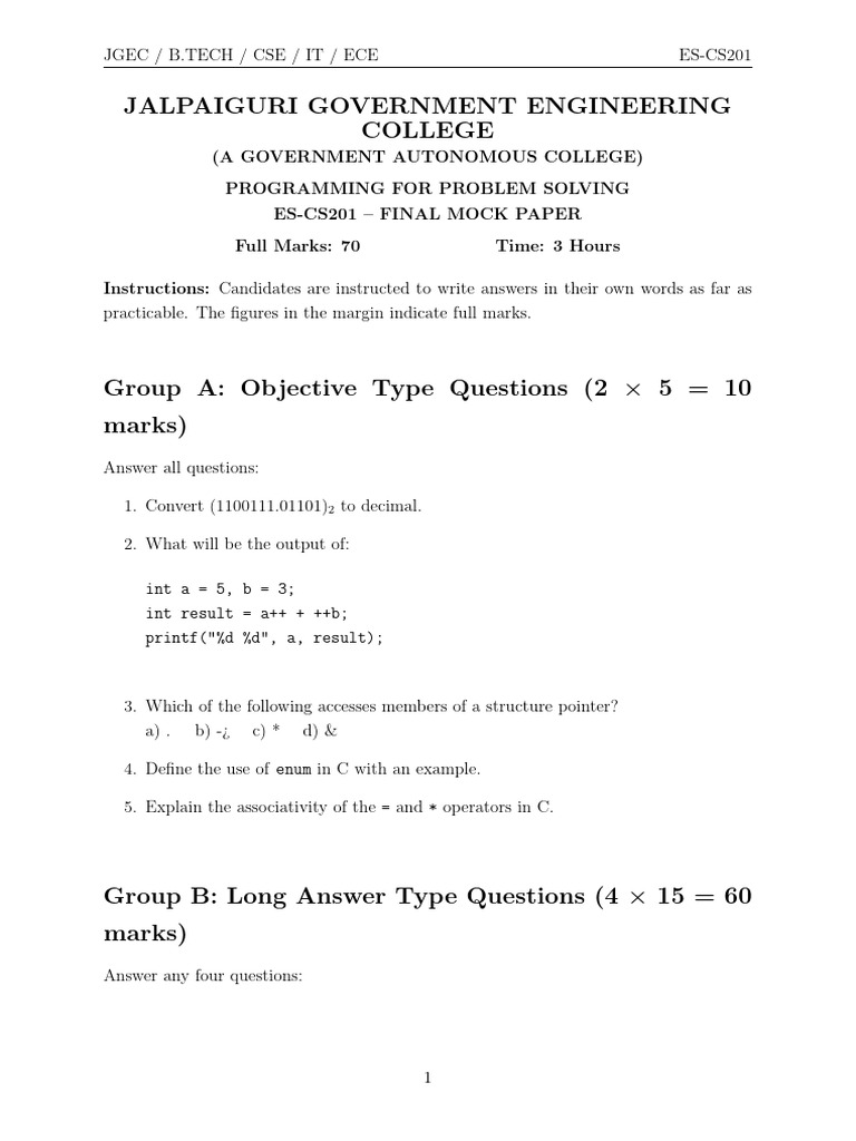 C Question Paper Predicted 2 | PDF | Pointer (Computer Programming ...