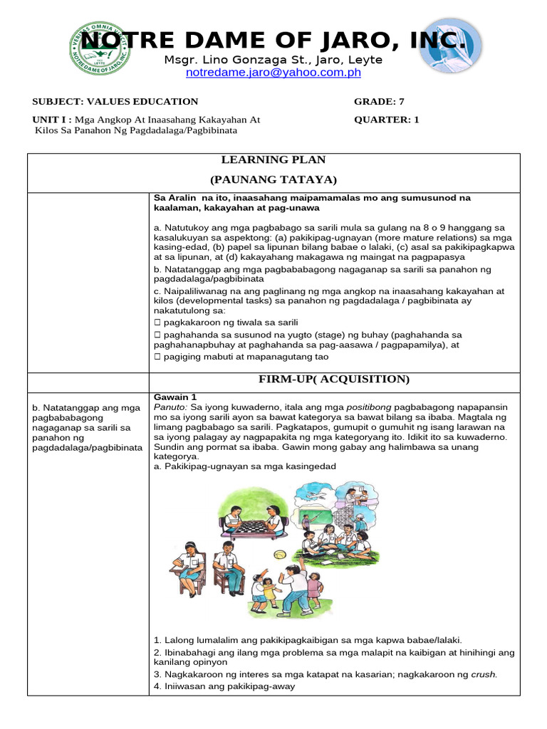 Quarter 1 - Unit Plan Values Education 7 2022-2023 | PDF