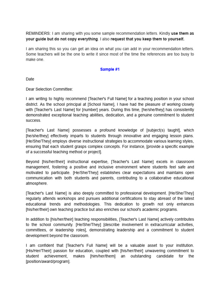 Sample Teacher Recommendation Letters | PDF | Teachers | Classroom ...